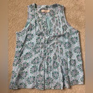 LOFT Green and Blue Sleeveless Blouse with Pleated Mandarin Collar S